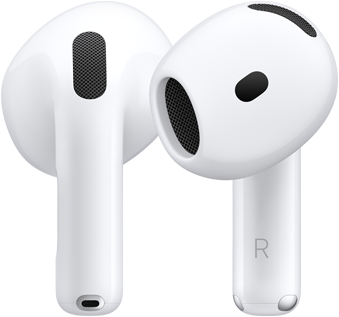 Die Rückseite des linken AirPod, die Vorderseite des rechten AirPod, auf dem Ende des AirPod kennzeichnet der Buchstabe R, dass er in das rechte Ohr gehört