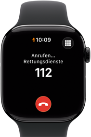 Apple Watch Series 11, Aluminiumgehäuse Diamantschwarz, ein Notruf auf dem Display, rechte Seitenansicht: Digital Crown, Sportarmband Schwarz