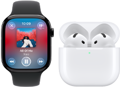 Apple Watch Series 11, Titangehäuse Natur, Armband: Sportarmband Steingrau, Apple Music App geöffnet, gekoppelt mit AirPods 4