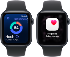 Zwei Apple Watch SE 3 Geräte mit Aluminiumgehäusen in Mitternacht zeigen den Schlafindex und eine Mitteilung zu möglicher Schlafapnoe