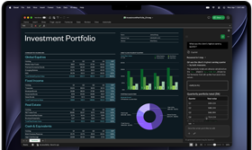 Ein MacBook Pro Display zeigt eine Excel Tabelle mit Daten zu einem Anlageportfolio, einem grünen Balkendiagramm, einem violetten Ringdiagramm und einer Copilot Seitenleiste mit Quartalssummen