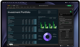 Ein MacBook Pro Display zeigt eine Excel Tabelle mit Daten zu einem Anlageportfolio, einem grünen Balkendiagramm, einem violetten Ringdiagramm und einer Copilot Seitenleiste mit Quartalssummen
