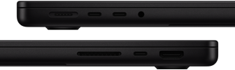 Die Anschlüsse des MacBook Pro werden gezeigt – linke Seite: MagSafe, zwei Thunderbolt Anschlüsse und Kopfhöreranschluss – rechte Seite: SDXC, ein Thunderbolt Anschluss und HDMI