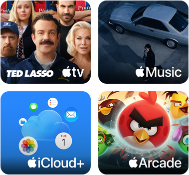 Apple One Kacheln – Apple TV, Apple Music, iCloud+ und Apple Arcade