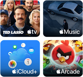 Apple One Kacheln – Apple TV, Apple Music, iCloud+ und Apple Arcade