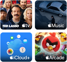 Apple One Kacheln – Apple TV, Apple Music, iCloud+ und Apple Arcade