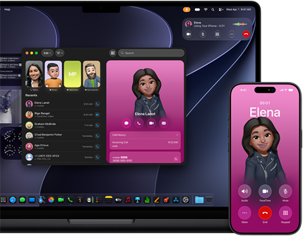 MacBook Pro und iPhone, Telefon App geöffnet, auf beiden Displays wird derselbe Kontakt angezeigt