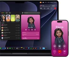 MacBook Pro und iPhone, Telefon App geöffnet, auf beiden Displays wird derselbe Kontakt angezeigt