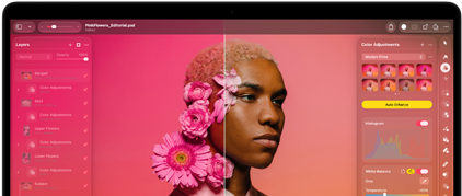 MacBook Pro Display mit dem Foto einer Person, das in Pixelmator Pro bearbeitet wird