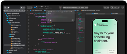 MacBook Pro, Xcode, ein Codeeditor zeigt einen Kommentar: App mit Apple Intelligence verbinden, iPhone Vorschau, Quantum College Hospital App, Text: Willkommen bei deinem Planungsassistenten, Tasten: Offene Schichten anzeigen, Nächste Schicht tauschen