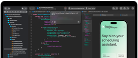 MacBook Pro, Xcode, ein Codeeditor zeigt einen Kommentar: App mit Apple Intelligence verbinden, iPhone Vorschau, Quantum College Hospital App, Text: Willkommen bei deinem Planungsassistenten, Tasten: Offene Schichten anzeigen, Nächste Schicht tauschen