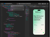 MacBook Pro, Xcode, ein Codeeditor zeigt einen Kommentar: App mit Apple Intelligence verbinden, iPhone Vorschau, Quantum College Hospital App, Text: Willkommen bei deinem Planungsassistenten, Tasten: Offene Schichten anzeigen, Nächste Schicht tauschen