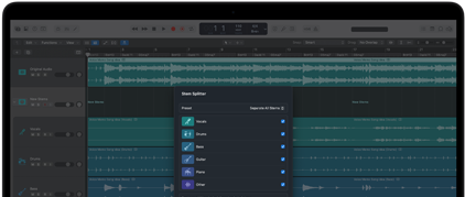 MacBook Pro, Logic Pro, Wellenformspuren, Komponententrennung Fenster, Kategorien: Gesang, Schlagzeug, Bass, Sonstiges, jeweils mit separater Audiowellenform