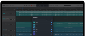 MacBook Pro, Logic Pro, Wellenformspuren, Komponententrennung Fenster, Kategorien: Gesang, Schlagzeug, Bass, Sonstiges, jeweils mit separater Audiowellenform