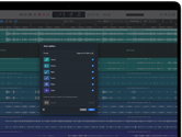 MacBook Pro, Logic Pro, Wellenformspuren, Komponententrennung Fenster, Kategorien: Gesang, Schlagzeug, Bass, Sonstiges, jeweils mit separater Audiowellenform