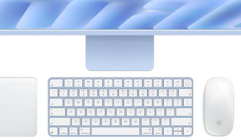 Magic Keyboard mit Touch ID in Blau, Magic Trackpad und Magic Mouse