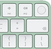 Magic Keyboard, obere rechte Ecke, Farbe Grün, Touch ID, Löschtaste und Funktionstasten für die Lautstärke