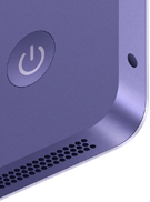 iMac, Rückseite in der Farbe Violett mit Ein/Aus-Taste, Kopfhöreranschluss und Lautsprechergitter