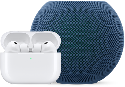 AirPods Pro im geöffneten Ladecase in Weiß und HomePod mini in Blau