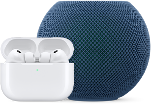 AirPods Pro im geöffneten Ladecase in Weiß und HomePod mini in Blau