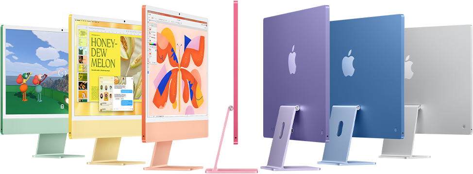 Sieben iMac Modelle in Grün, Gelb, Orange, Pink, Violett, Blau und Silber, die sich zu einem Fächer ausbreiten