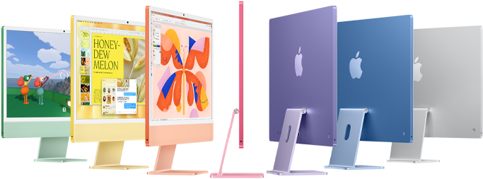 Sieben iMac Modelle in Grün, Gelb, Orange, Pink, Violett, Blau und Silber, die sich zu einem Fächer ausbreiten