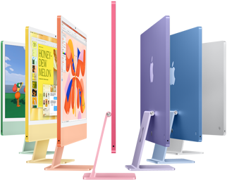 Sieben iMac Modelle in Grün, Gelb, Orange, Pink, Violett, Blau und Silber, die sich zu einem Fächer ausbreiten