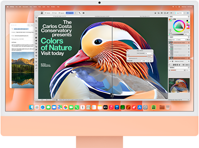 iMac, Vorderseite, Farbe Orange, das Display zeigt eine Bildbearbeitungsapp mit KI Tools und die Mail App im Hintergrund
