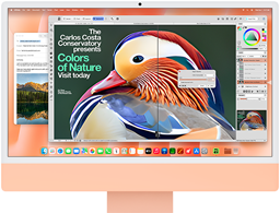 iMac, Vorderseite, Farbe Orange, das Display zeigt eine Bildbearbeitungsapp mit KI Tools und die Mail App im Hintergrund