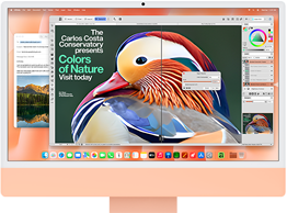 iMac, Vorderseite, Farbe Orange, das Display zeigt eine Bildbearbeitungsapp mit KI Tools und die Mail App im Hintergrund