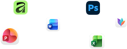 Verschiedene App Symbole schweben auf dem Bildschirm, darunter Microsoft Word, Adobe Photoshop, Canva und Figma