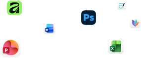 Verschiedene App Symbole schweben auf dem Bildschirm, darunter Microsoft Word, Adobe Photoshop, Canva und Figma