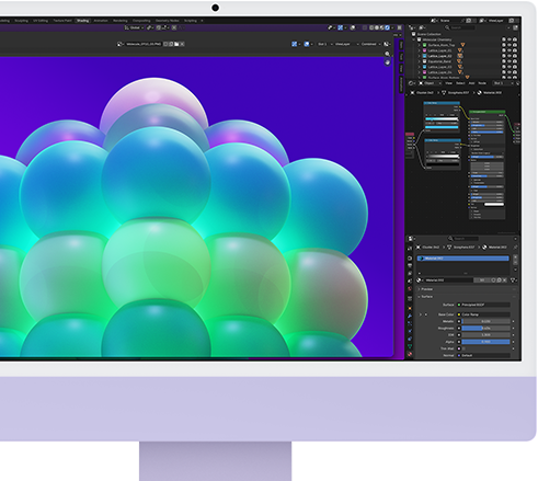 iMac, Vorderseite, Violett, Bildbearbeitungs-App mit einer bunten Blasenstruktur