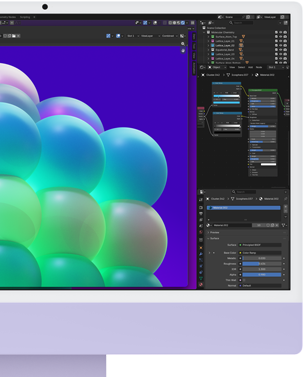 iMac, Vorderseite, Violett, Bildbearbeitungs-App mit einer bunten Blasenstruktur