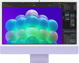 iMac, Vorderseite, Violett, Bildbearbeitungs-App mit einer bunten Blasenstruktur