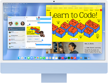 iMac, Vorderseite, Farbe Blau, zeigt die Nachrichten App und eine Website zum Programmieren lernen.