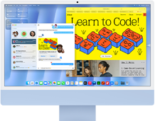 iMac, Vorderseite, Farbe Blau, zeigt die Nachrichten App und eine Website zum Programmieren lernen.