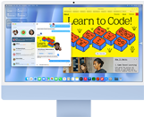 iMac, Vorderseite, Farbe Blau, zeigt die Nachrichten App und eine Website zum Programmieren lernen.
