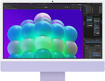 iMac, Vorderseite, Violett, Bildbearbeitungs-App mit einer bunten Blasenstruktur