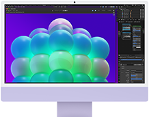 iMac, Vorderseite, Violett, Bildbearbeitungs-App mit einer bunten Blasenstruktur