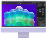 iMac, Vorderseite, Violett, Bildbearbeitungs-App mit einer bunten Blasenstruktur