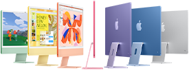 Sieben iMac Modelle in Grün, Gelb, Orange, Pink, Violett, Blau und Silber in einer aufgefächerten Anordnung