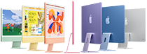 Sieben iMac Modelle in Grün, Gelb, Orange, Pink, Violett, Blau und Silber in einer aufgefächerten Anordnung