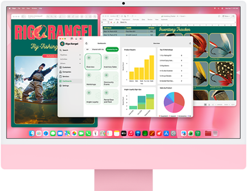 iMac, Vorderseite, Farbe Pink, das Display zeigt mehrere geöffnete Apps