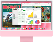 iMac, Vorderseite, Farbe Pink, das Display zeigt mehrere geöffnete Apps