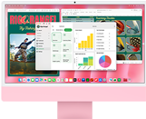 iMac, Vorderseite, Farbe Pink, das Display zeigt mehrere geöffnete Apps