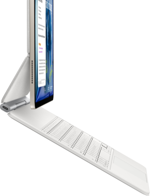 iPad Air, Farbe Polarstern, befestigt am Magic Keyboard, Weiß, Seitenansicht