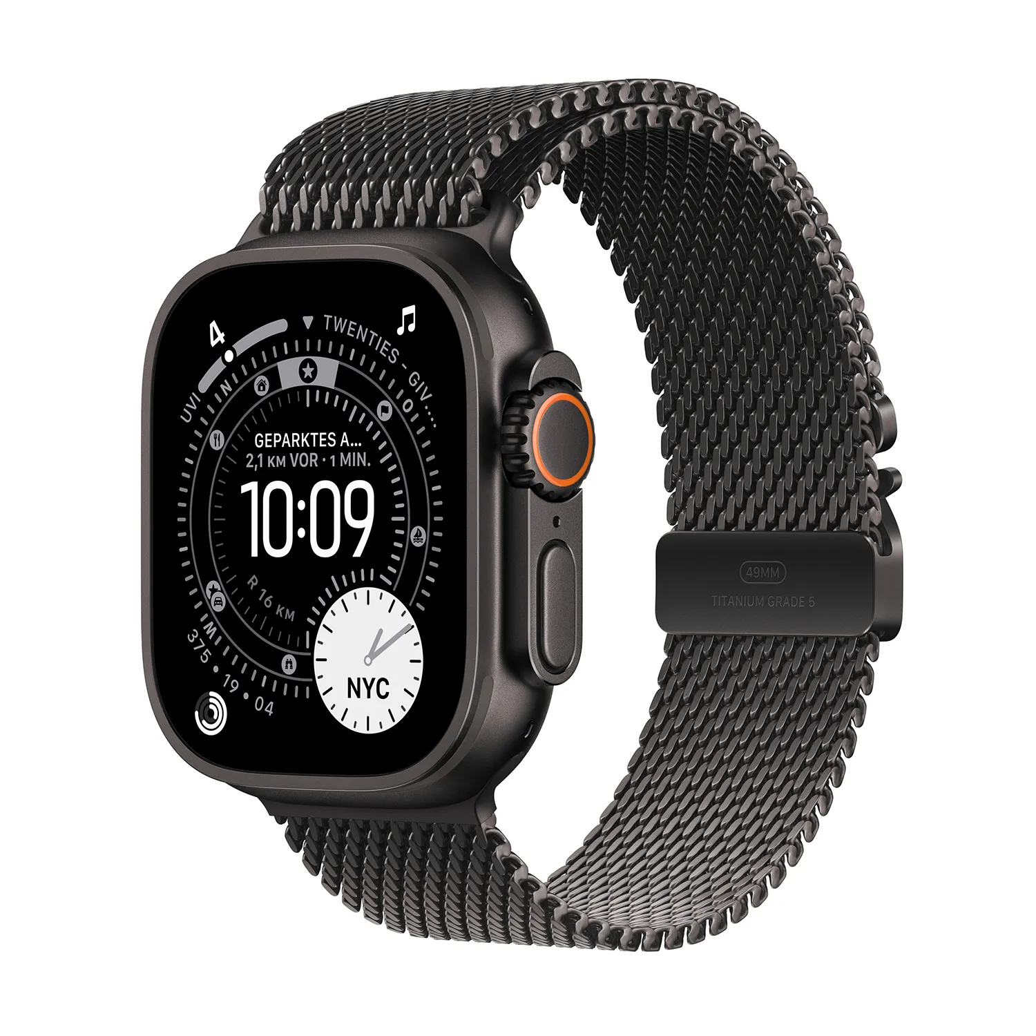 Apple Watch Ultra 3 GPS + Cellular 49mm Schwarz Titanium Case mit schwarzem Titanium Milanese Loop - Large