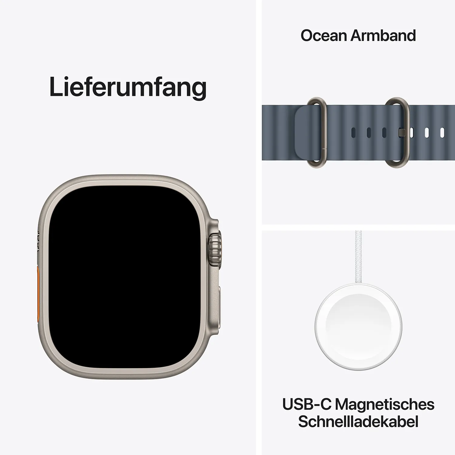 Apple Watch Ultra 3 GPS + Cellular 49mm Natur Titanium Case mit Maritimblau Ocean Band Lieferumfang