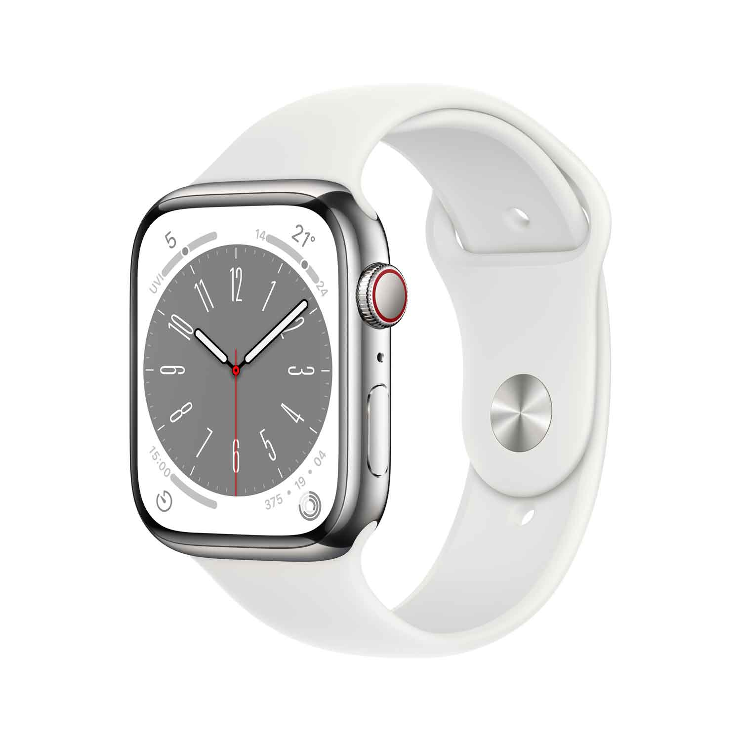 Apple Watch S8 Edelstahl Cellular 45mm Silber (Sportarmband weiß)